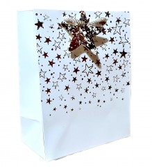 punga de cadou din hartie cartonata, snur satinat, alb cu stelute argintii, cartonas pentru mesaj, 18x23x10 cm