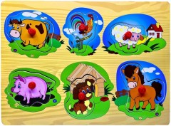 puzzle din lemn cu maner, tablita incastru, 6 piese, animale domestice, vaca , cocos, oaie, porc, catel, cal
