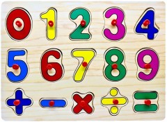 puzzle din lemn cu maner, tablita incastru, 15 piese, cifre, semne matematice