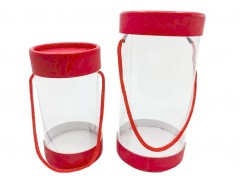 Set 2 Cutii cilindrice Transparente Cu snur rosu, Cutie Pentru Flori De Sapun, Esarfe Cu Martisor, Mici Decoratiuni