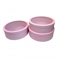 Set 3 Cutii Rotunde din Carton cu Fereastra Transparenta, 40x13.5 cm, Roz