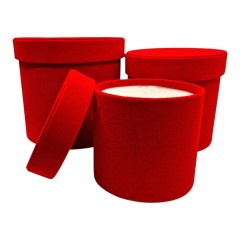 Set 3 cutii rotunde din catifea pentru flori si cadouri, rosu