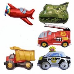 set 5 baloane din folie cu supapa de autoetansare, 35 cm, masina de politie, avion, masina de pompieri, camion, tanc