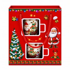 Set Cadou de Craciun, Mos cu Brad si Cadouri, 2 Căni Ceramice cu Lingurițe în Cutie de Transport