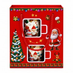 Set Cadou de Craciun, Mos cu brazi, 2 Căni Ceramice cu Lingurițe în Cutie de Transport