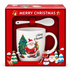 Set Cadou de Craciun, Mos cu jucarii, Cana din Portelan 350ml, Farfurioara și Lingurita