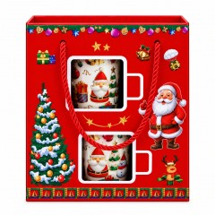 Set Cadou de Craciun, Mos cu om de zapada, 2 Căni Ceramice cu Lingurițe în Cutie de Transport