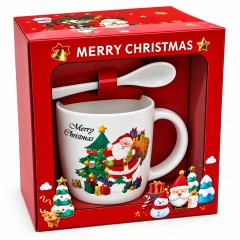 Set Cadou de Craciun, Mos cu sac in spate, Cana din Portelan 350ml, Farfurioara și Lingurita
