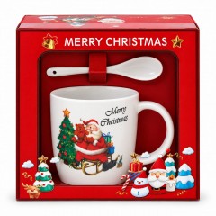 Set Cadou de Craciun, Mos cu sanie, Cana din Portelan 350ml, Farfurioara și Lingurita