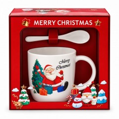 Set Cadou de Craciun, Mos cu cadouri, Cana din Portelan 350ml, Farfurioara și Lingurita