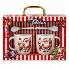 Set Festiv Premium de Crăciun, 2 cani cu farfurii si lingurite, Mos cu Ren, 25x18x9 cm